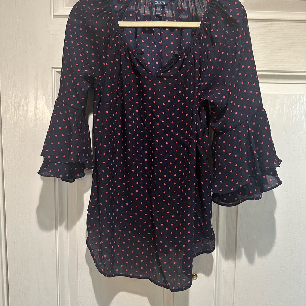 Chaps Dark Blue Blouse with Red Dots